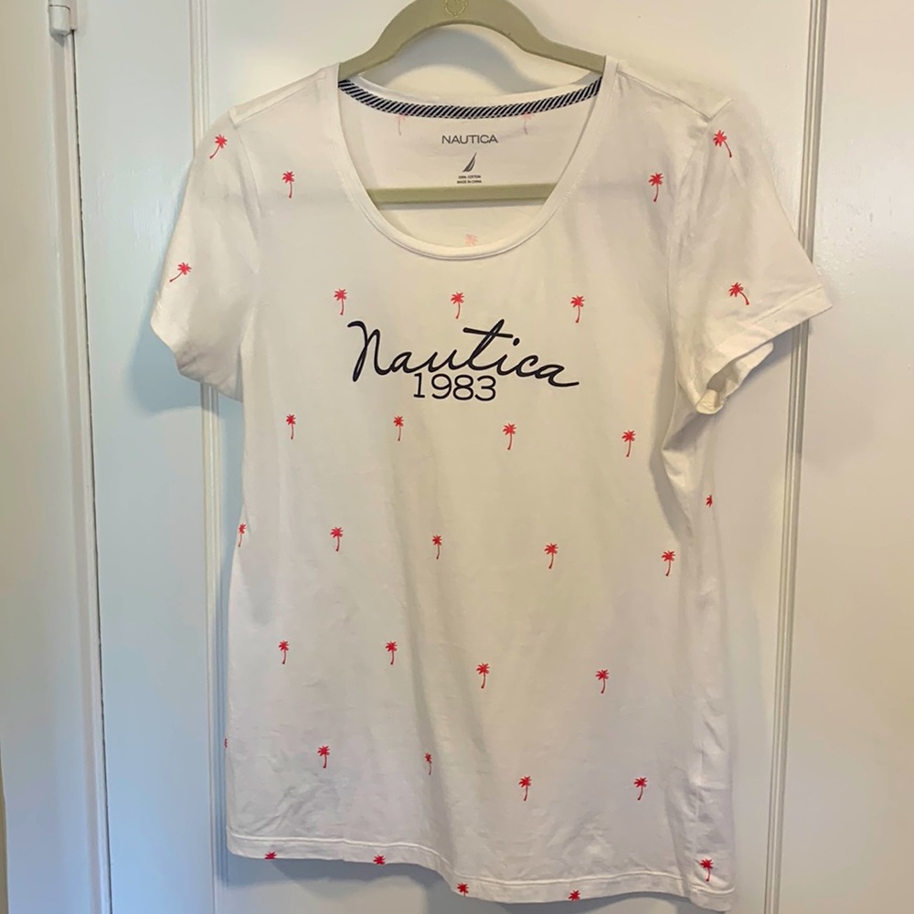 100% Cotton Palm Tree Print Fitted Scoop Beck Nautica Tee Shirt Large